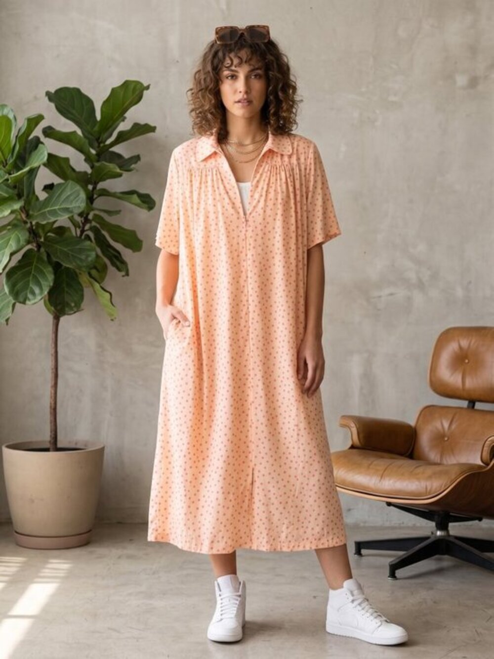 Vintage mollie parnis pink&Peach Polka Dot zip-Up day dress large